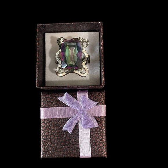 Aura Quartz Ring Sterling Silver Size 7 Iridescent Cocktail Boho Statement Gift - Picture 8 of 8